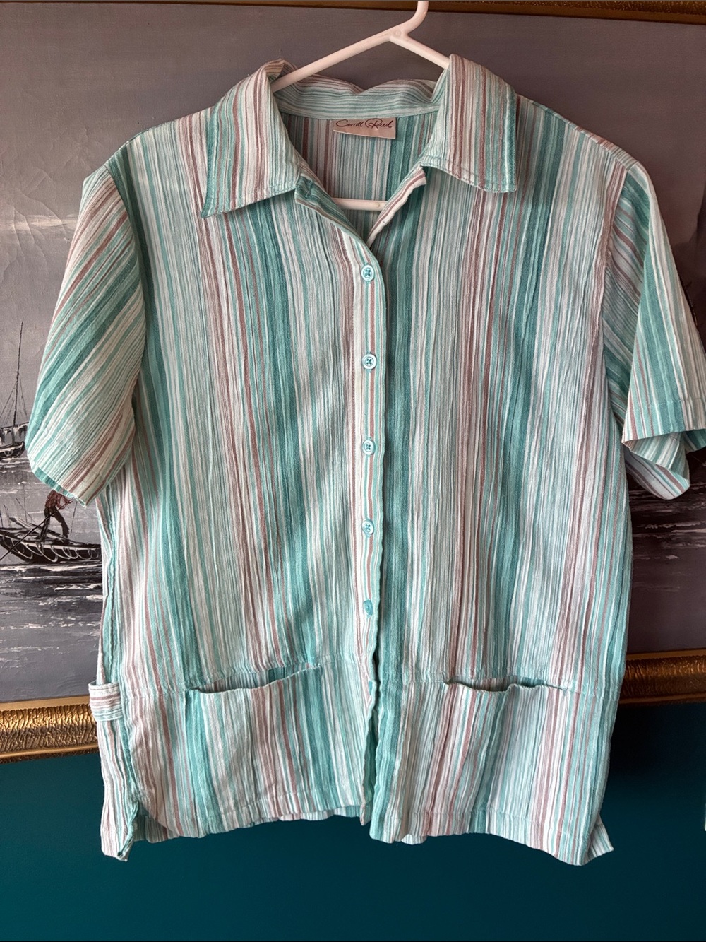 Vintage Carol Reed Boxy Striped Button Up Shirt Aqua - Linen